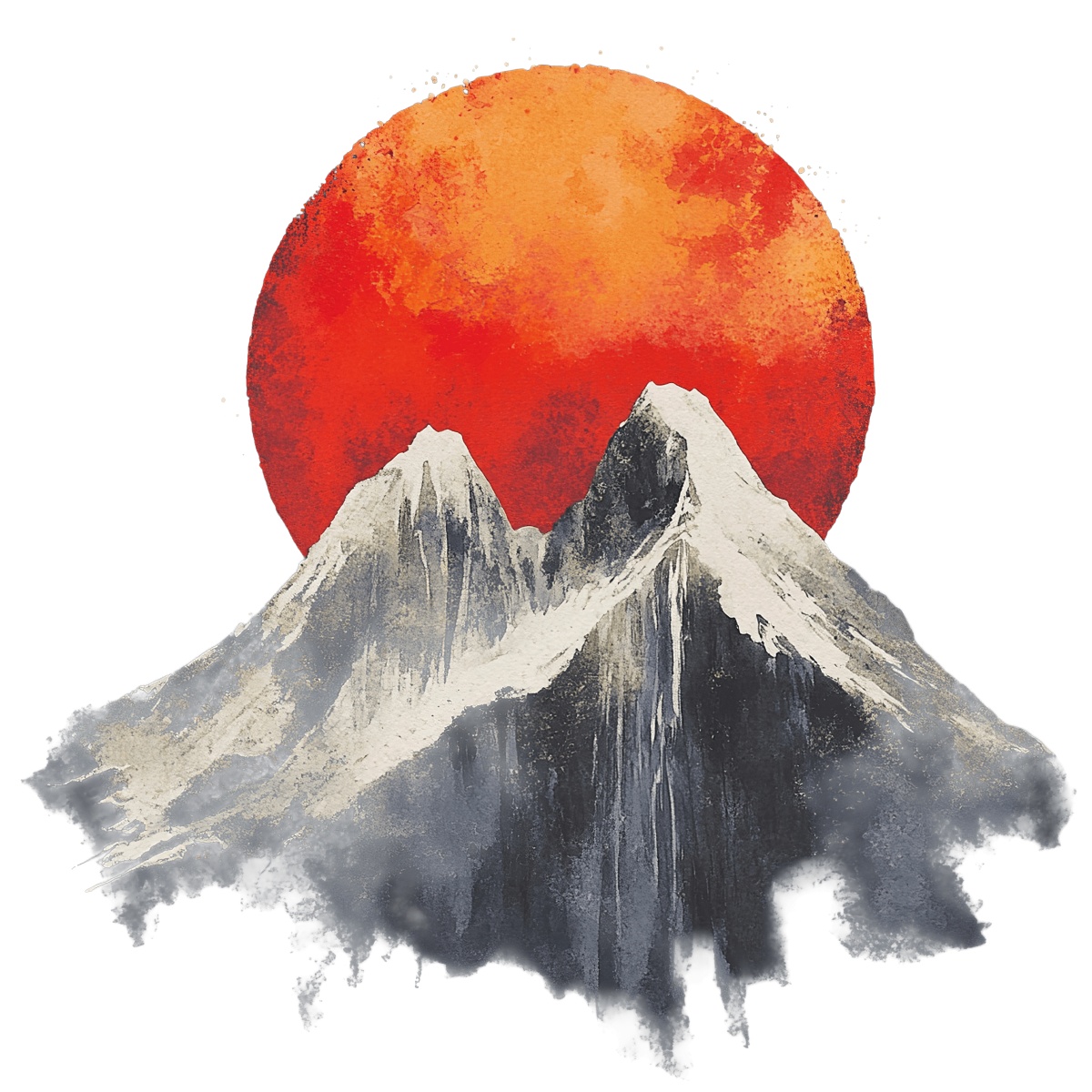 Watercolor mountain peaks with a large red sun in the background.