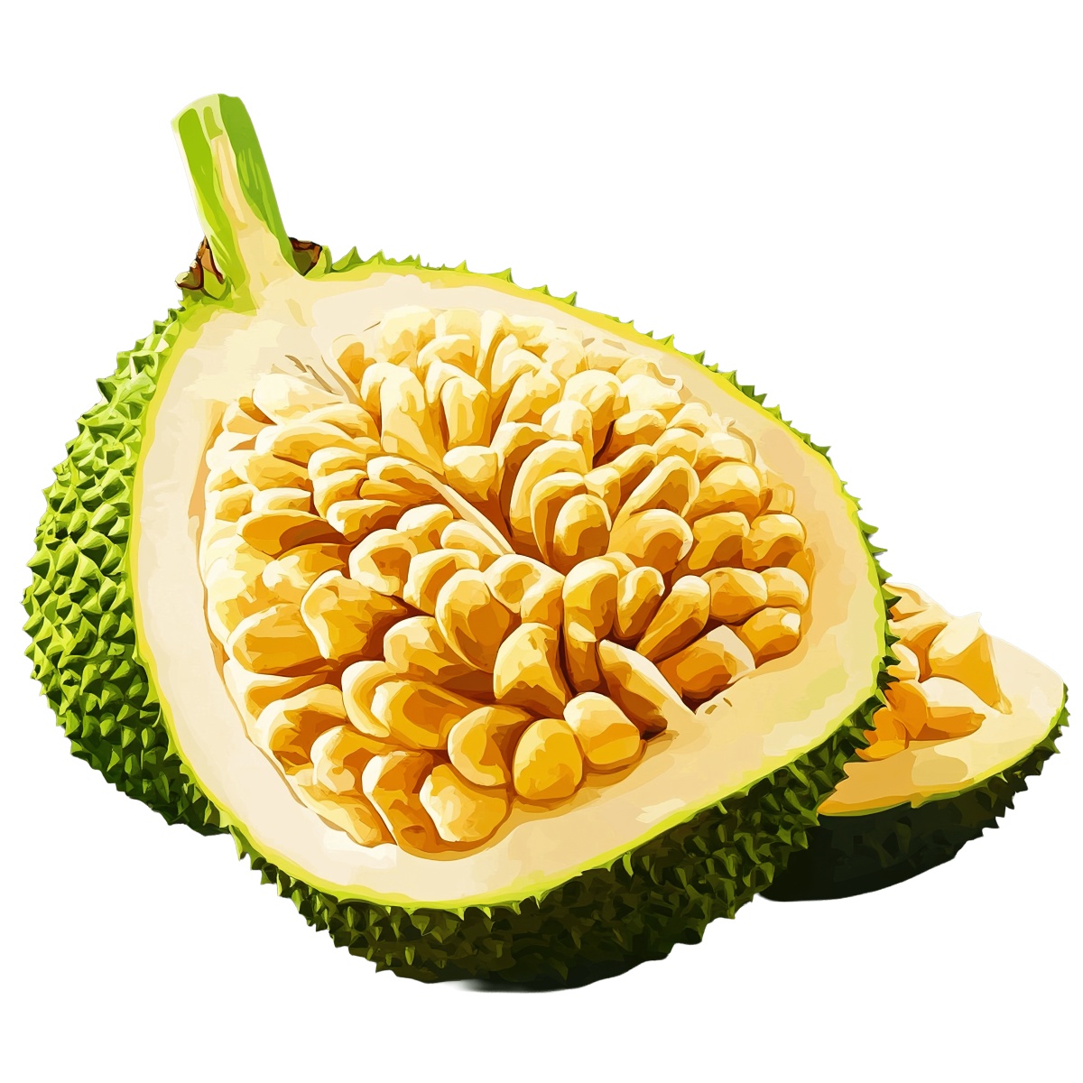 Durian fruit with a spiky green exterior and yellow interior flesh.