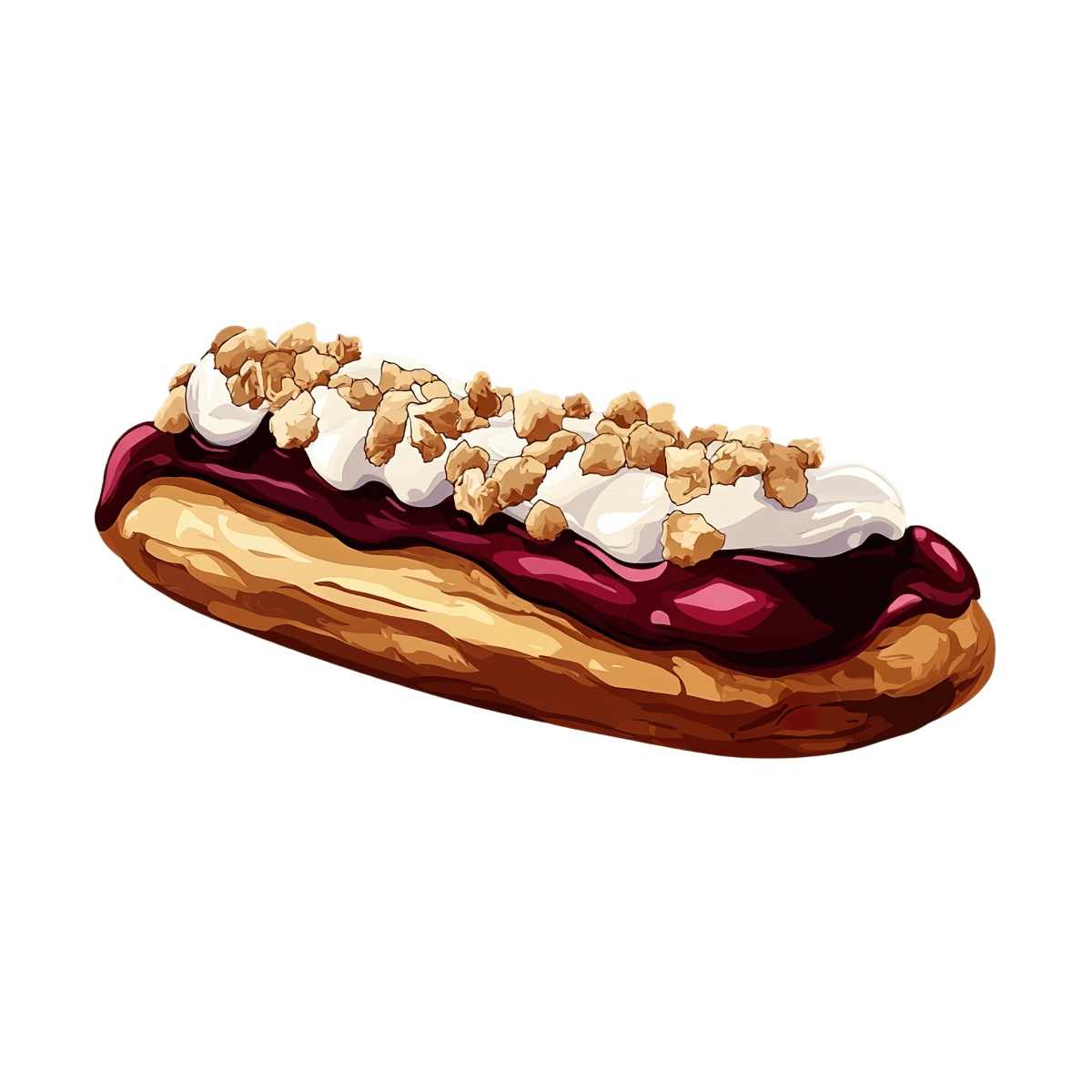Eclair topped with whipped cream and crumbled nuts.