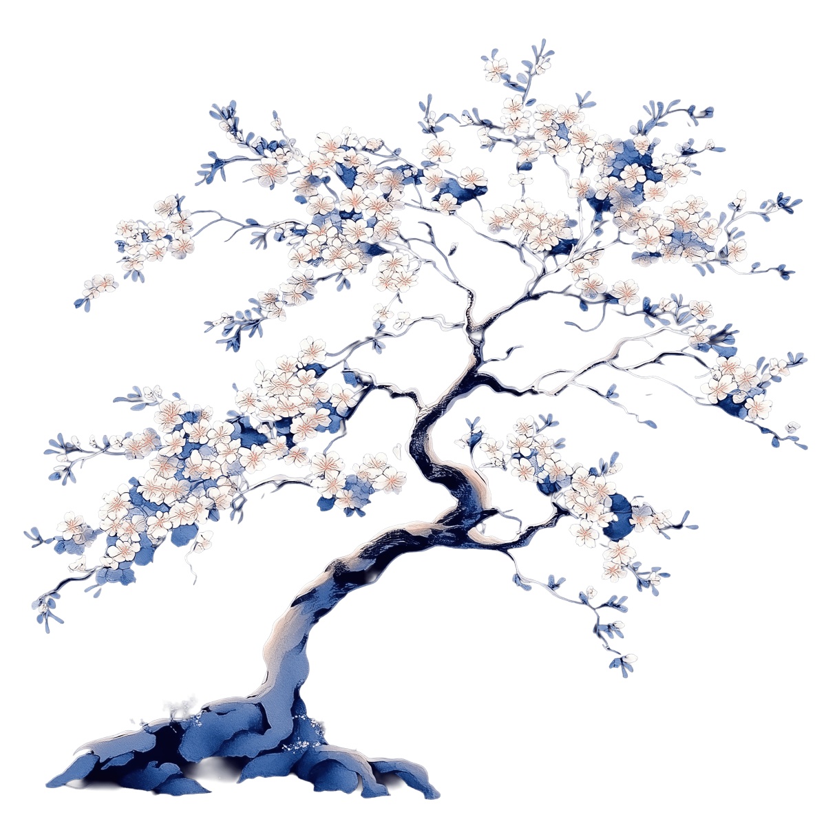 Cherry blossom tree illustration with white flowers and winding branches.