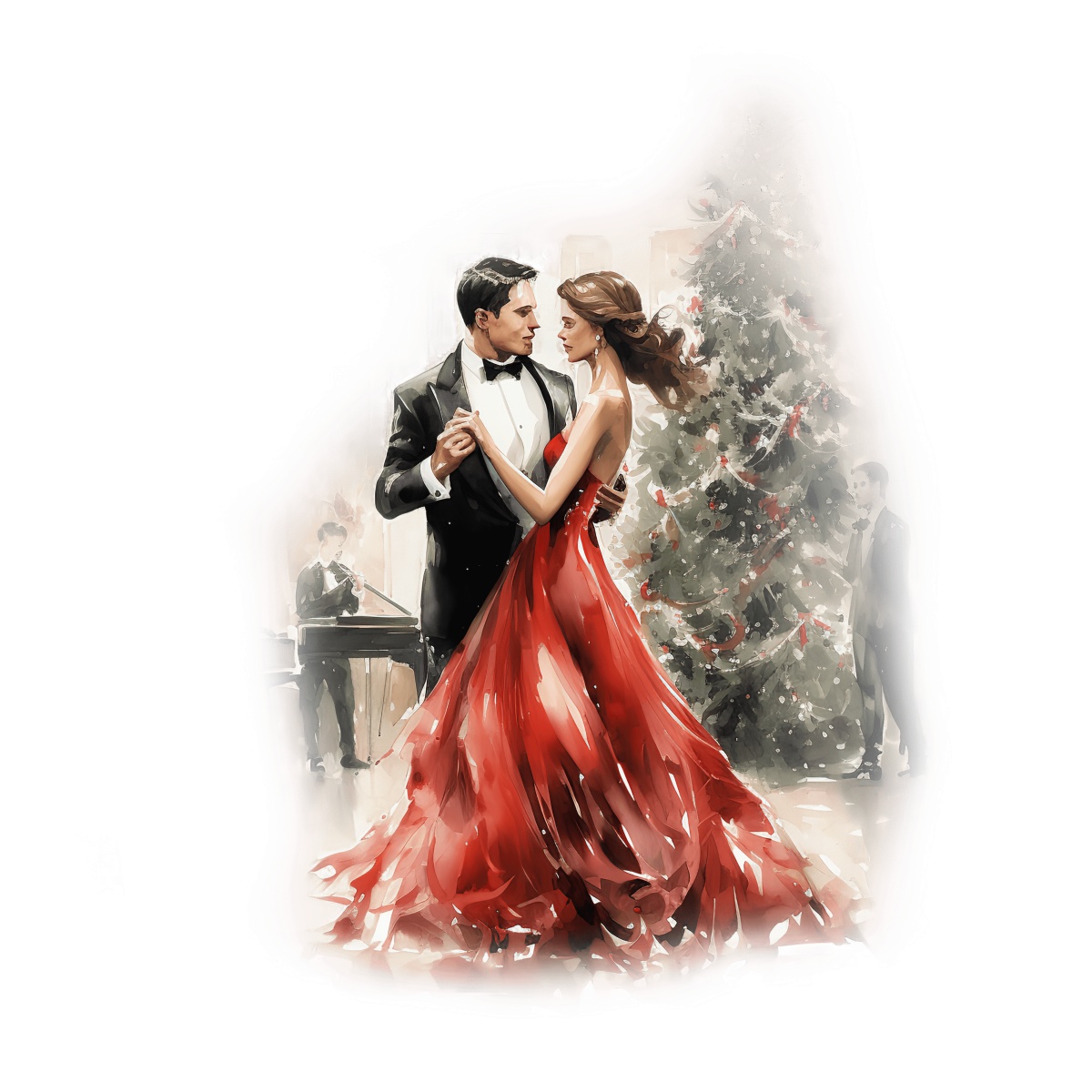 Couple in formal attire dancing near a decorated Christmas tree at a holiday event.