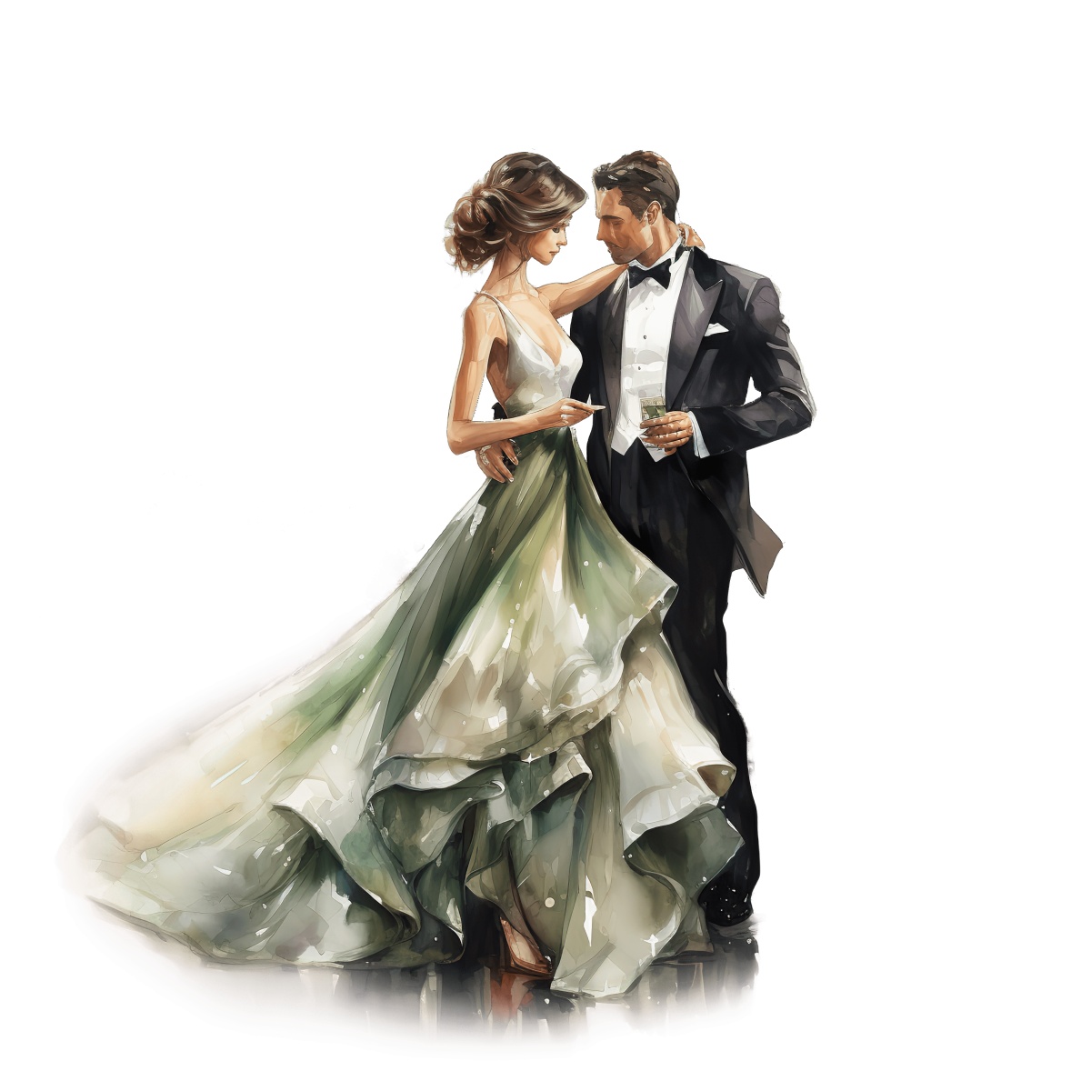 Elegant couple in formal outfits dancing gracefully together.