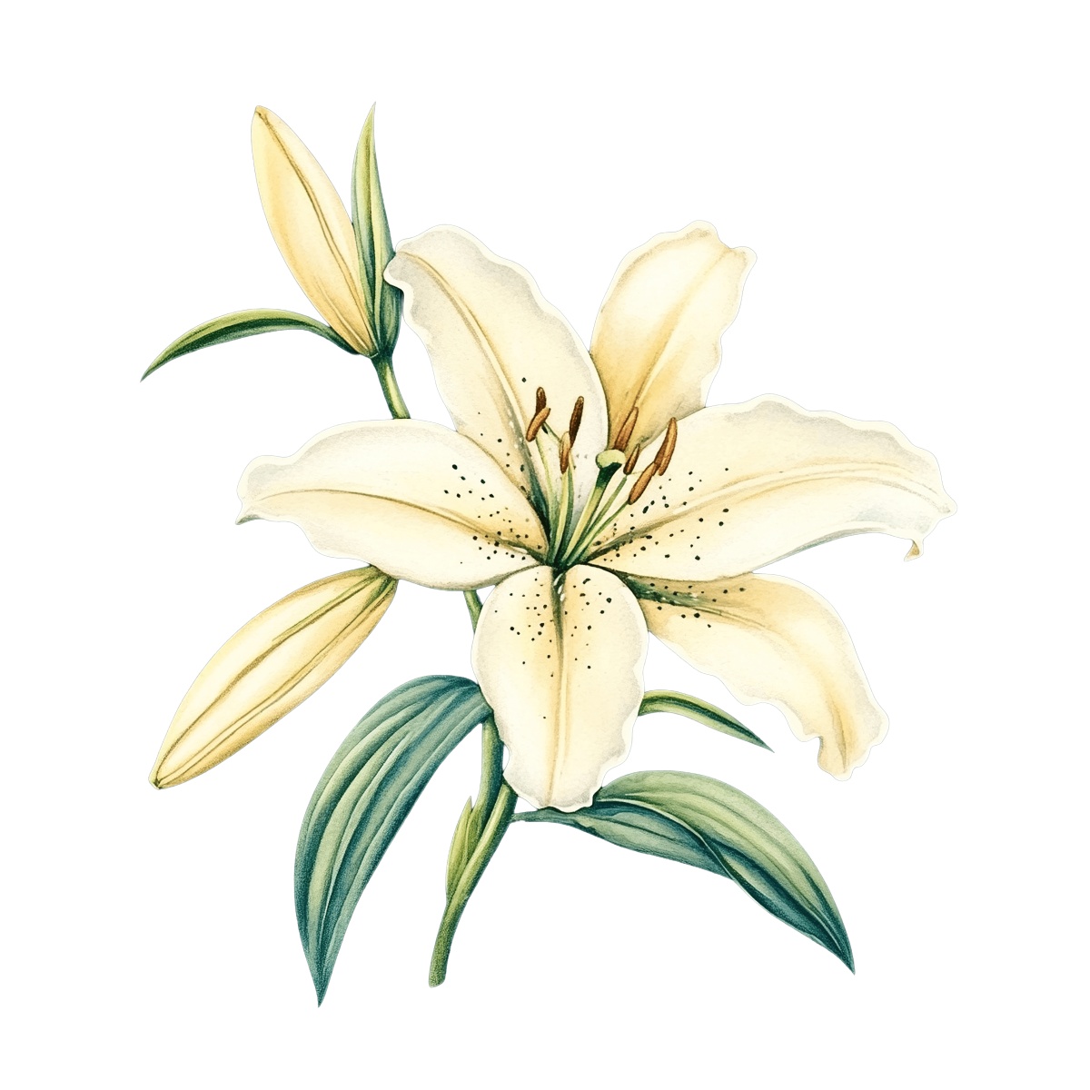 Cream lily with buds and green leaves on a black background.