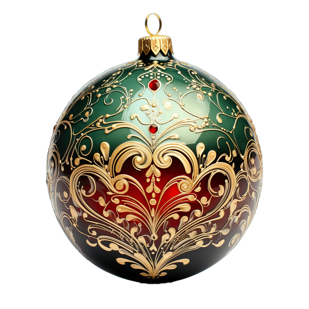 Red and green Christmas ornament with elegant gold detailing on a black setting.