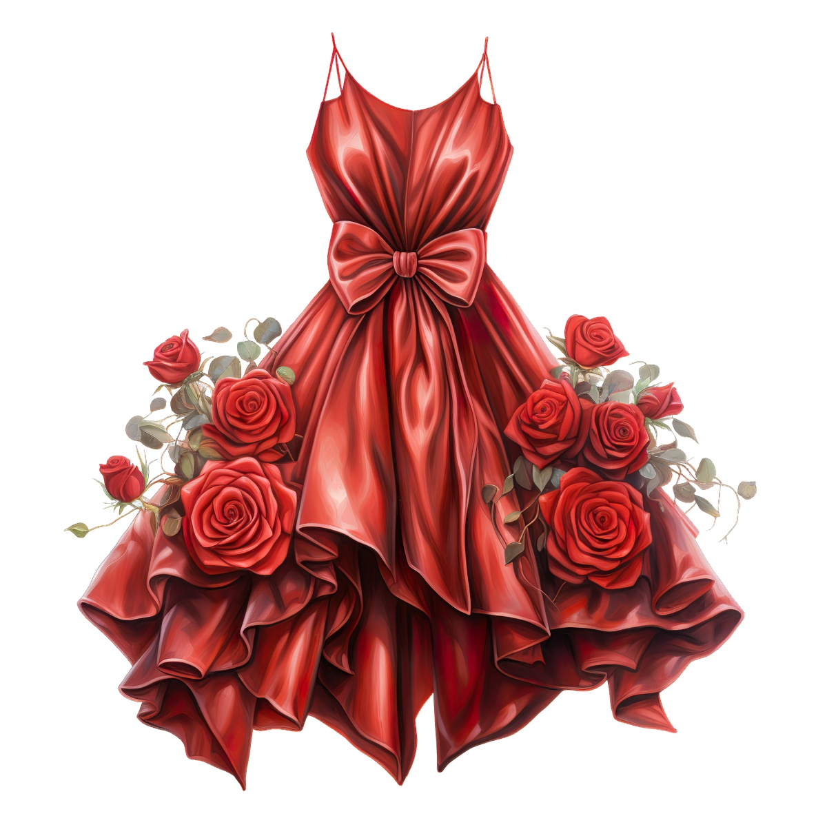 Satin dress in red with a bow and red rose decorations.
