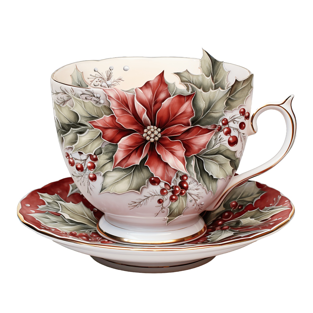 Festive teacup featuring red poinsettias and holly leaves design for Christmas.