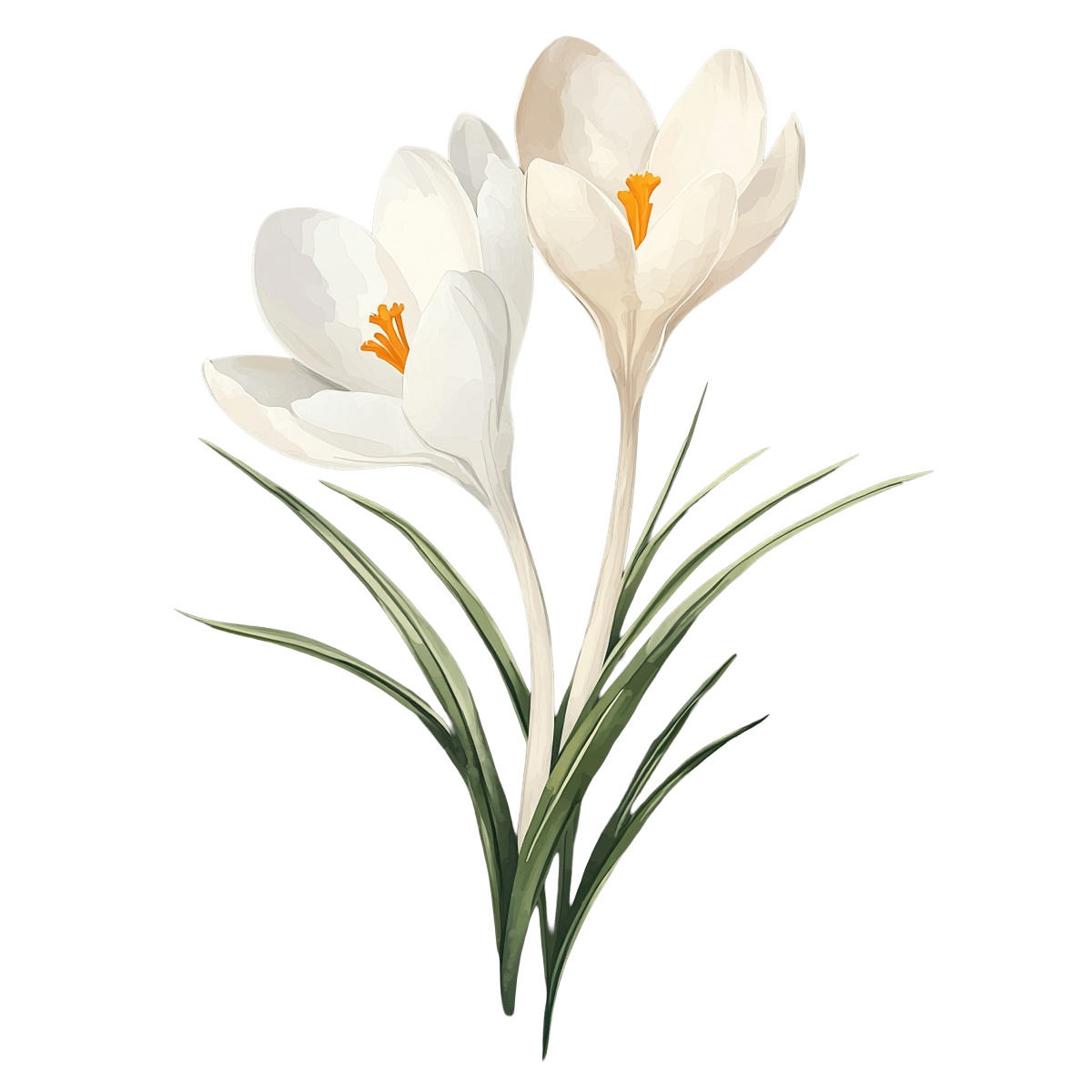 Vector illustration of white crocus flowers with green leaves on a black background.
