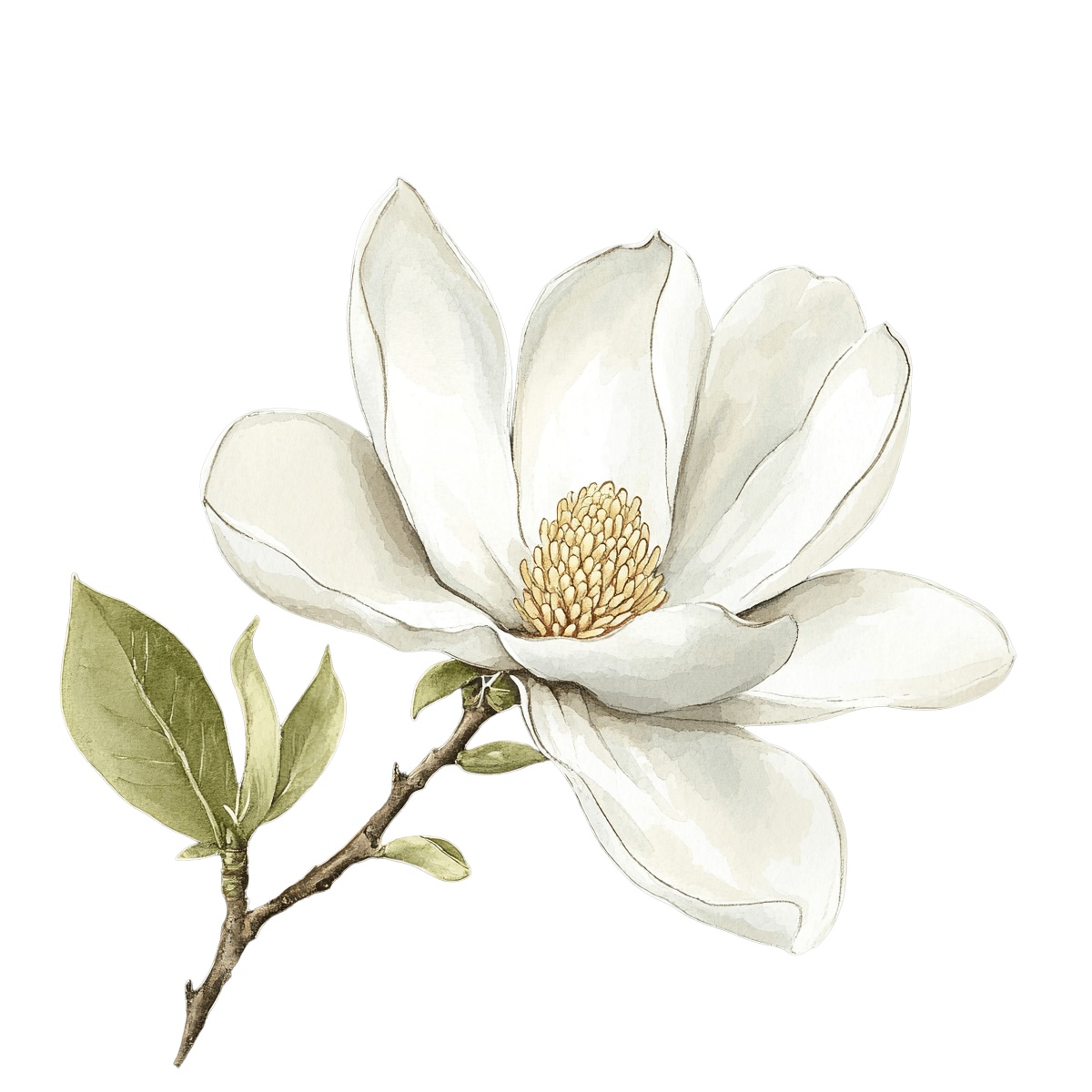 White magnolia flower with green leaves on a stem on black background.