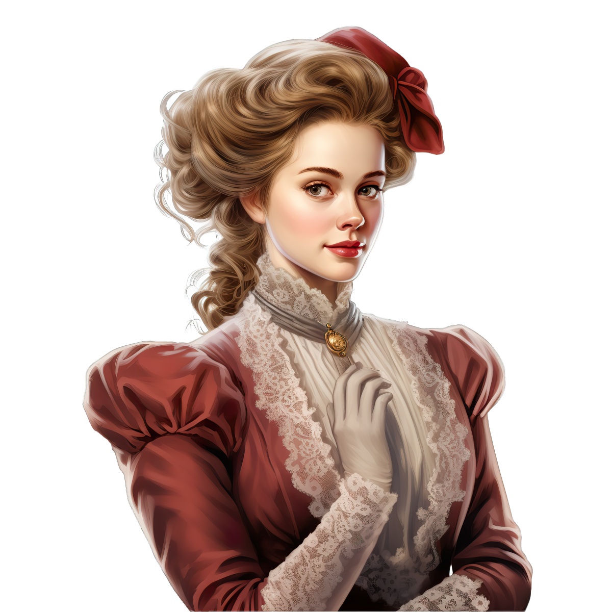 Woman in Victorian clothing with lace details and red bow in hair.