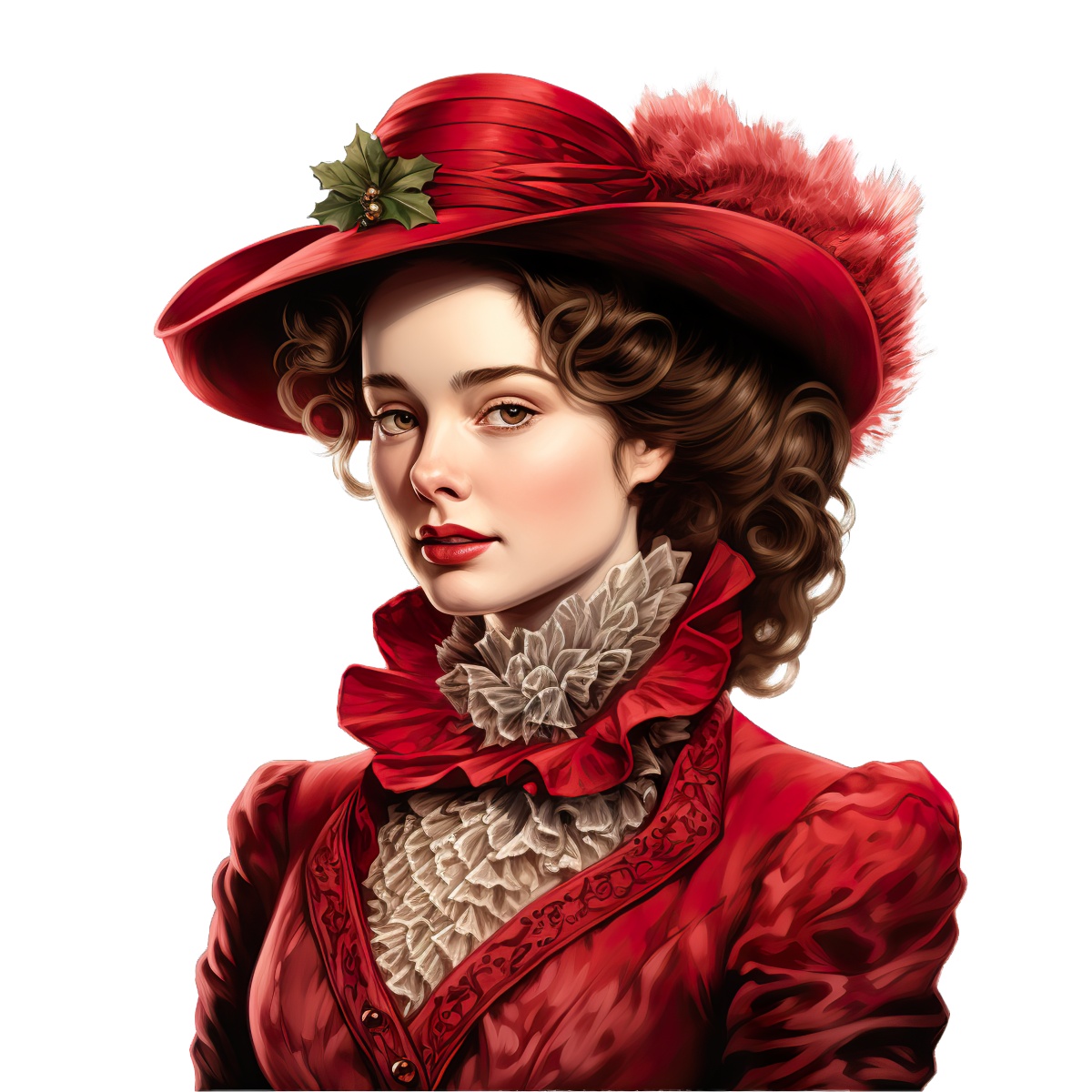 Woman in a Victorian red dress with a decorative hat and lace collar.