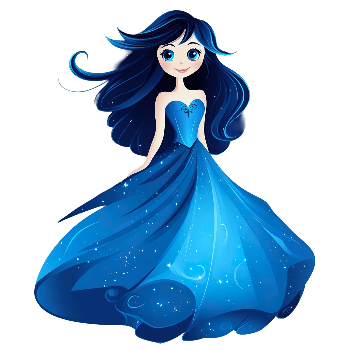 Woman wearing a sparkling blue gown with long flowing hair.