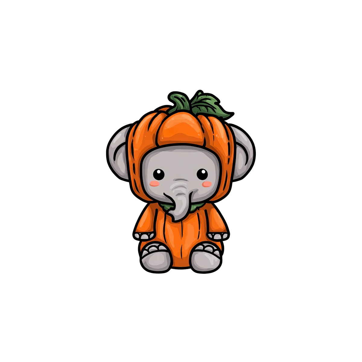 Elephant in orange pumpkin-themed costume with green leaf accent.