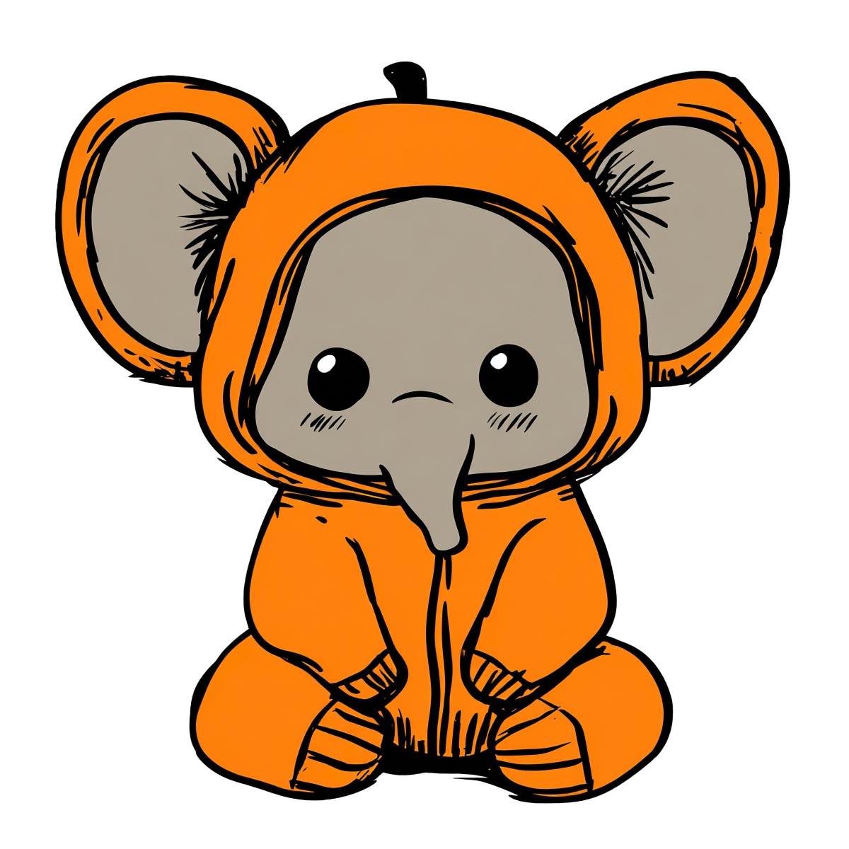 Cartoon elephant in orange costume with large ears and trunk.