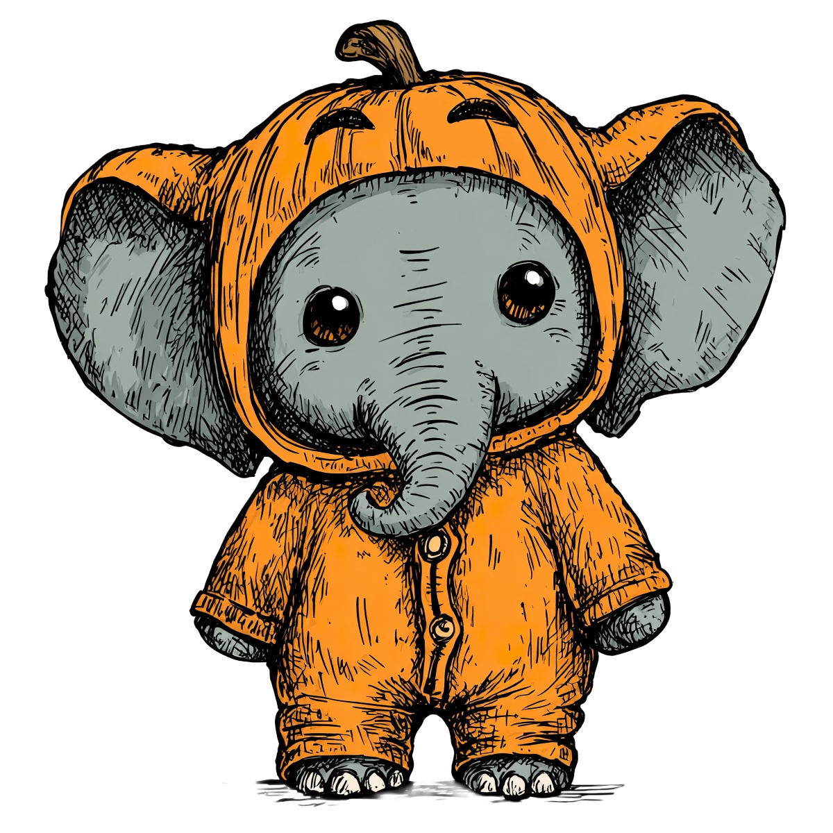 Elephant wearing a pumpkin outfit with large ears and trunk.