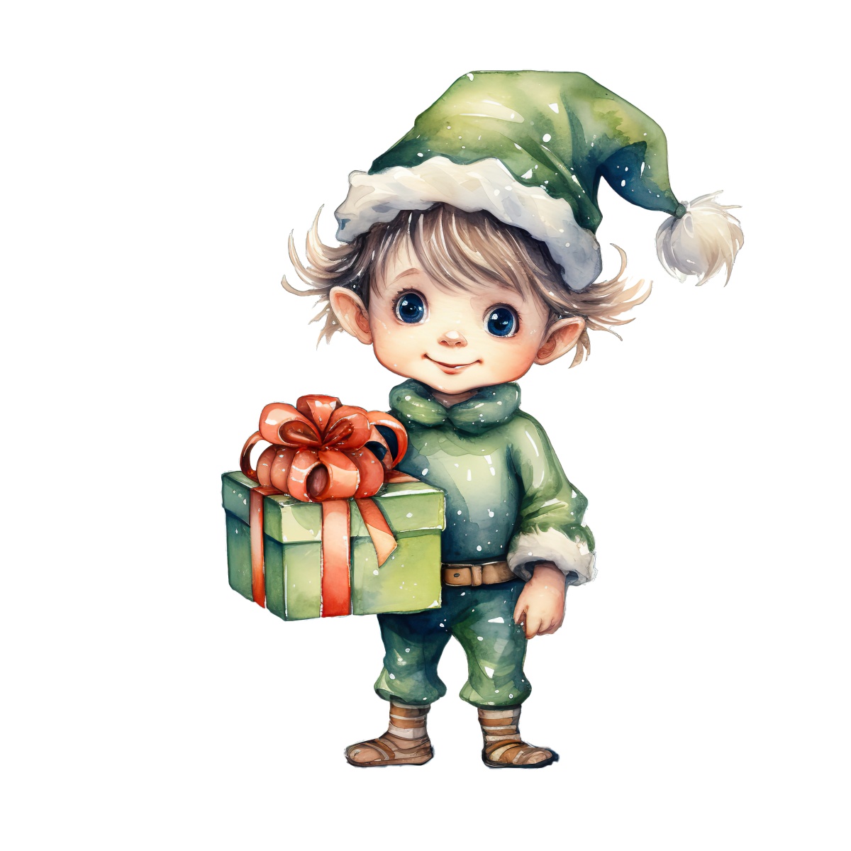 Elf in green outfit holding a wrapped gift box with a bow.