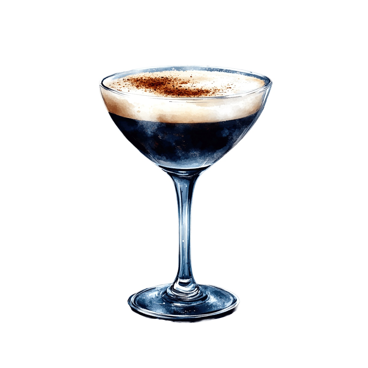 Espresso martini cocktail with frothy top in a clear glass.