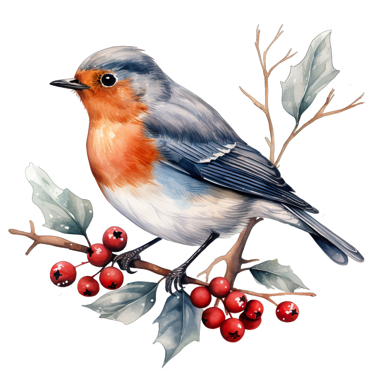 European robin with orange breast on a holly berry branch in illustration.