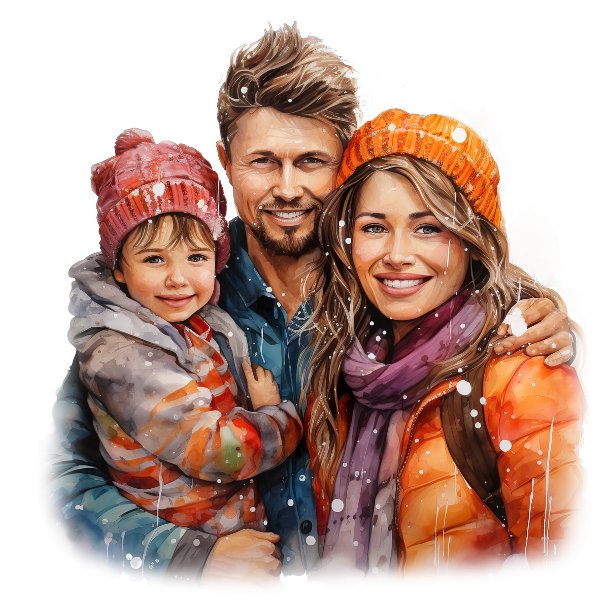 Family portrait with winter clothing and bright hats, snowflakes falling around.
