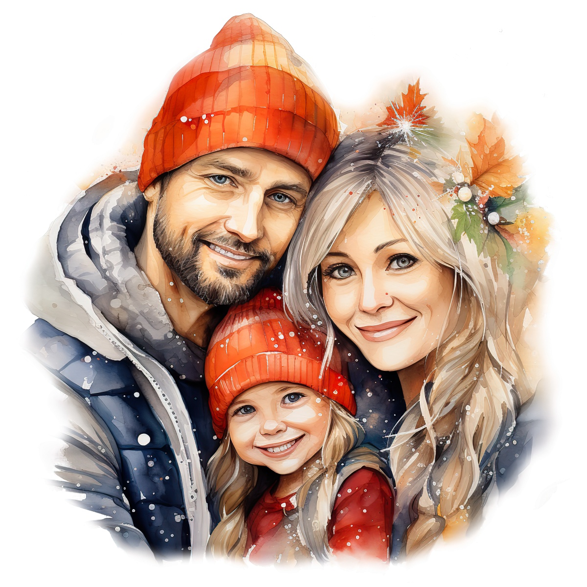 Family in winter clothing with holiday decorations and snowflakes.