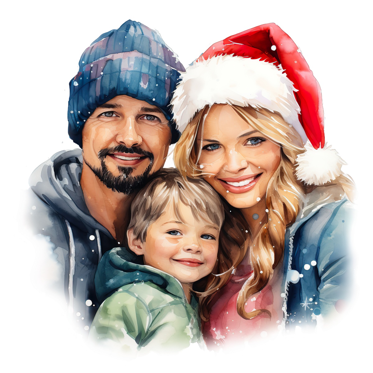 Family in winter clothing, including a Santa hat, with a holiday theme.
