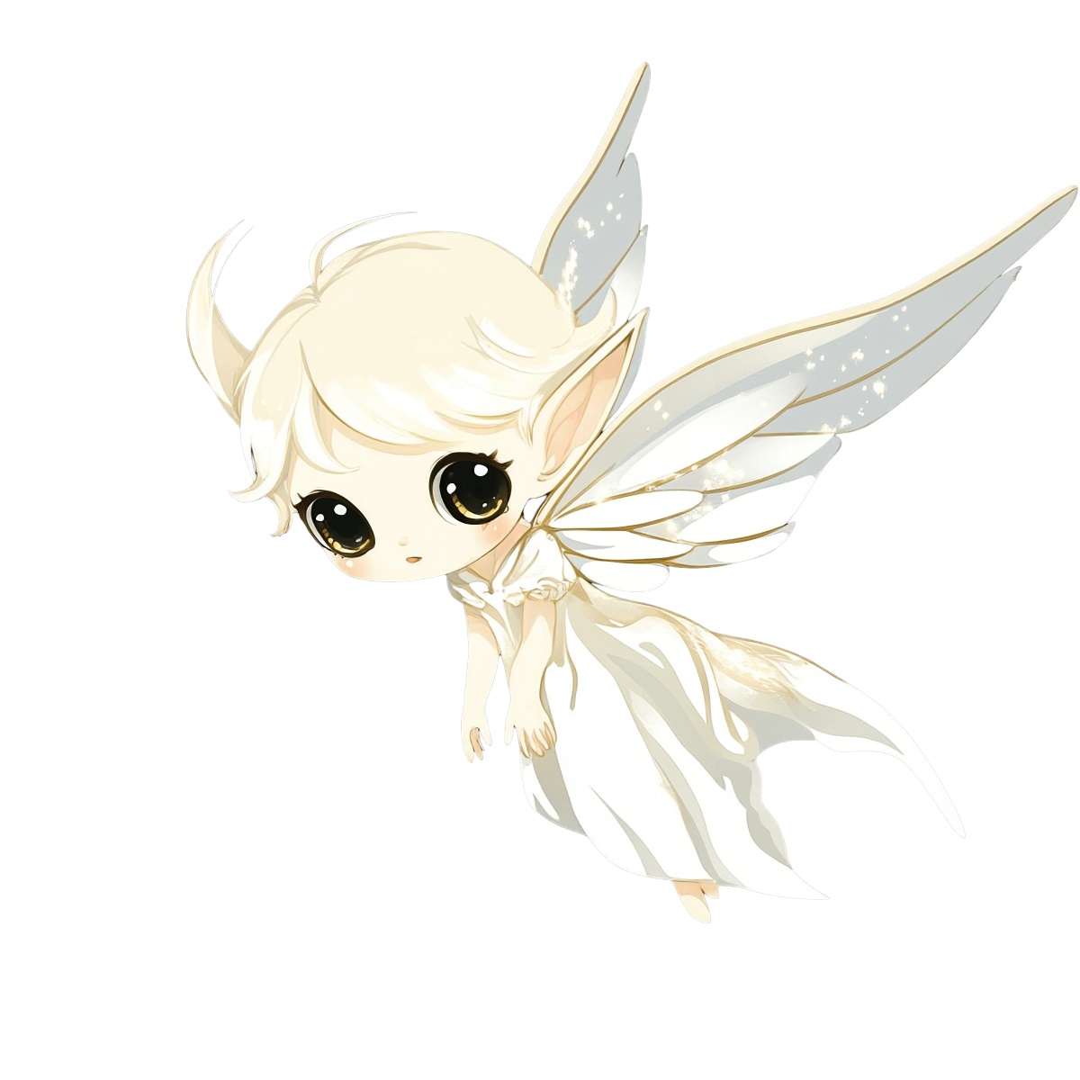 Fantasy fairy character with large wings and a white dress.