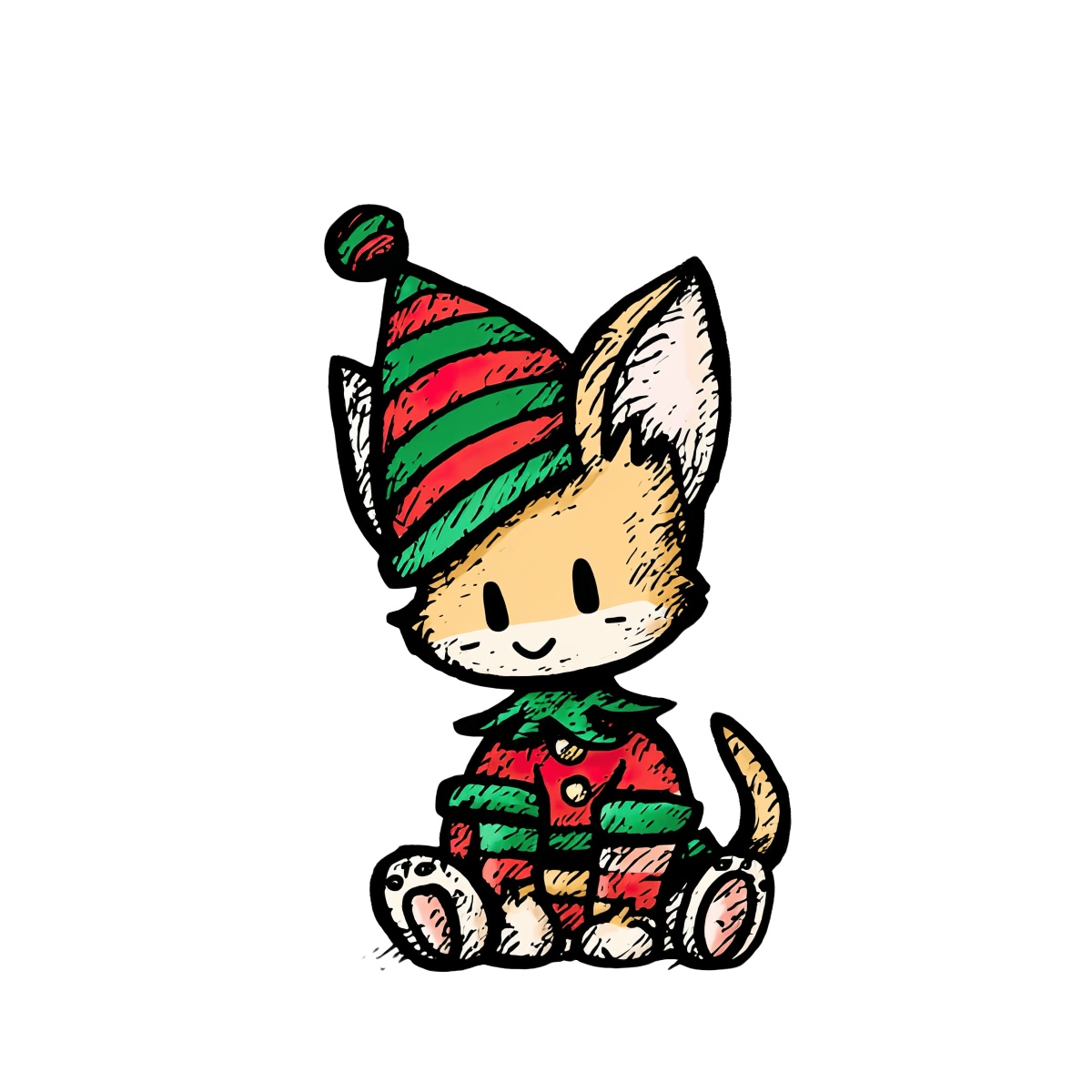 Festive animal wearing red and green striped hat and outfit.