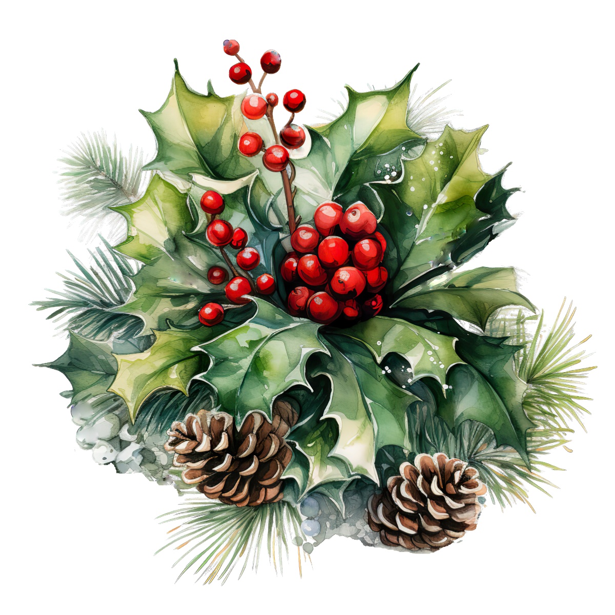 Festive Christmas arrangement featuring holly leaves, red berries, and pine cones.