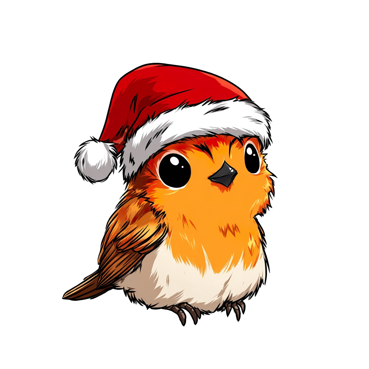 Bird with orange plumage and red Santa hat on a black background.