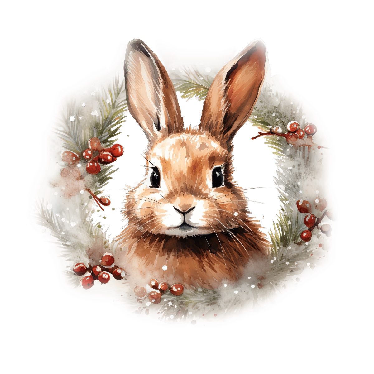 Brown rabbit nestled in a decorative holiday wreath with red berries.
