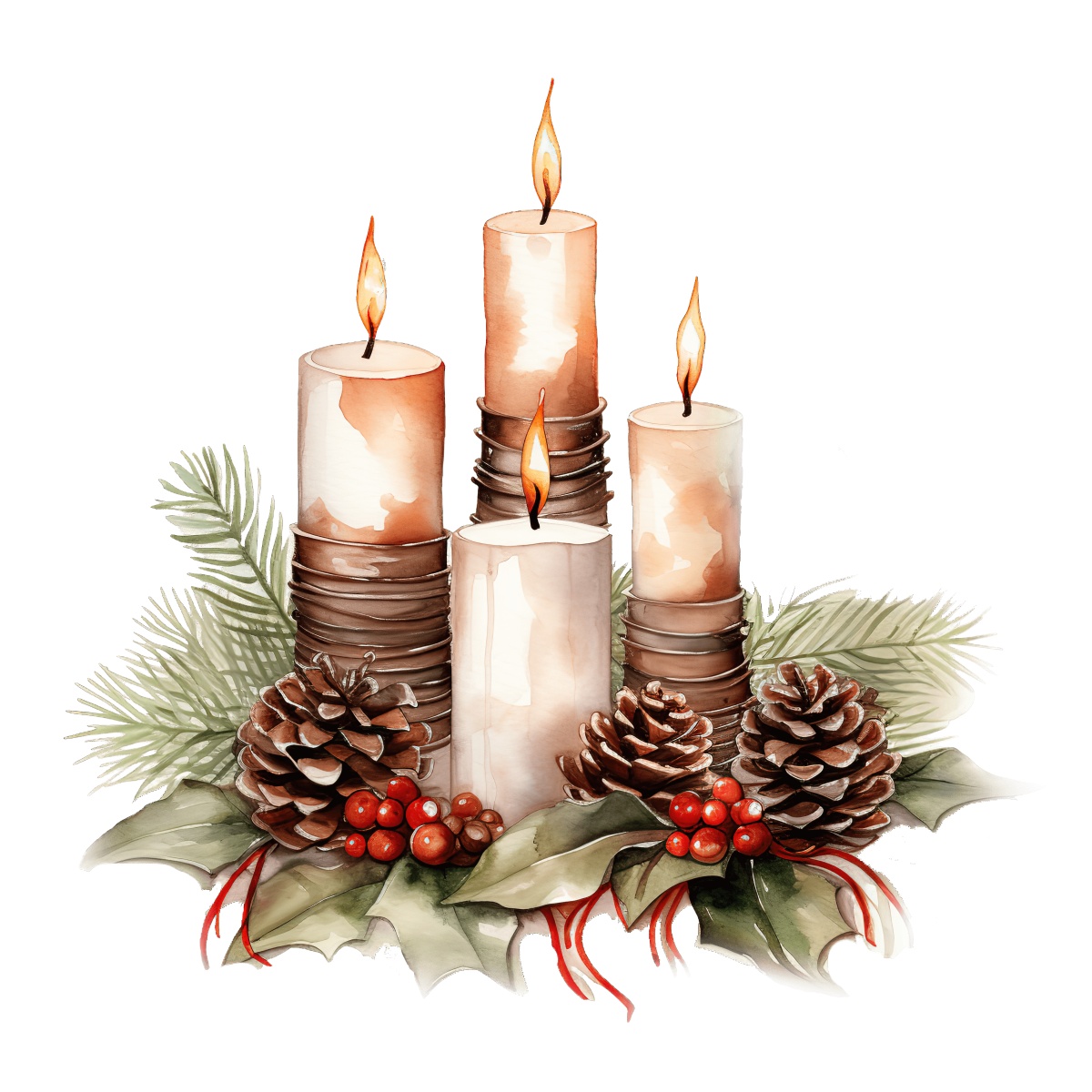 Lit candles with pinecones and seasonal greenery in a festive arrangement.