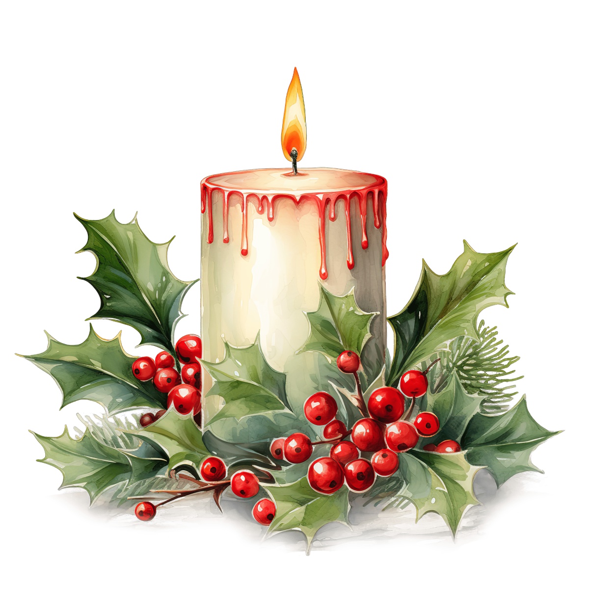 Candle with red wax and holly leaves with berries for holiday decoration.