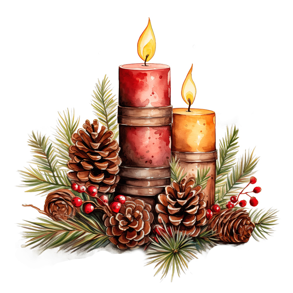 Red and orange candles with pinecones and evergreen branches in a festive arrangement.