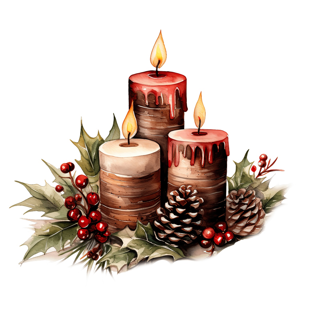 Three festive candles with pine cones and holly, perfect for holiday decor.