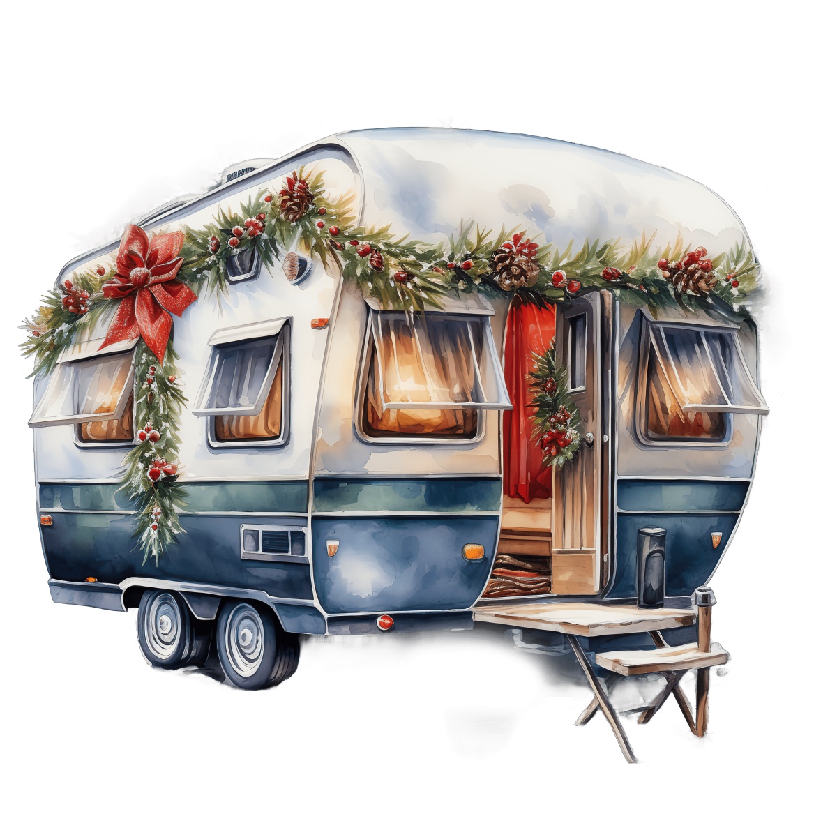 Holiday caravan decorated with Christmas wreaths and red ribbons.
