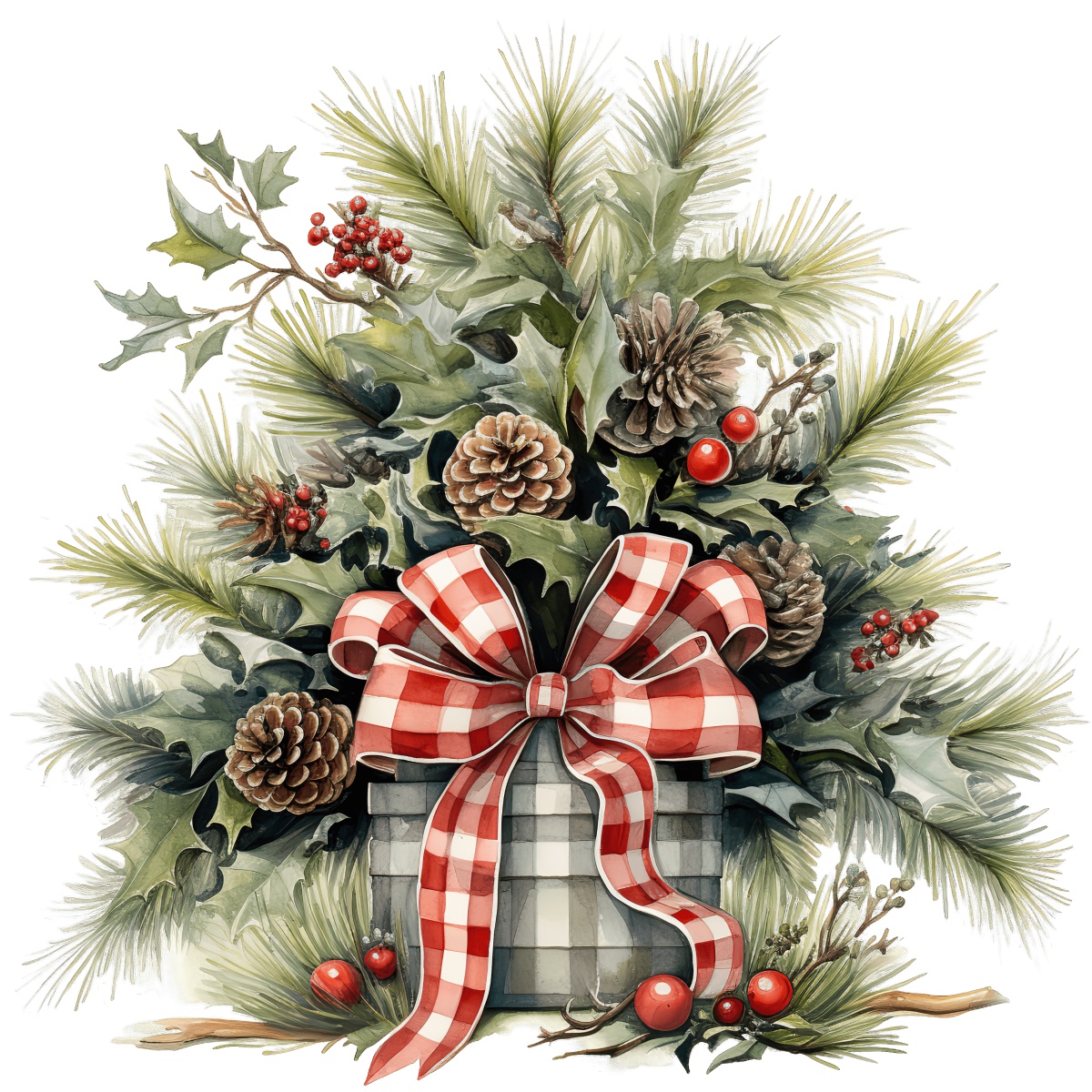 Christmas arrangement with pine cones, red berries, and a plaid ribboned gift.