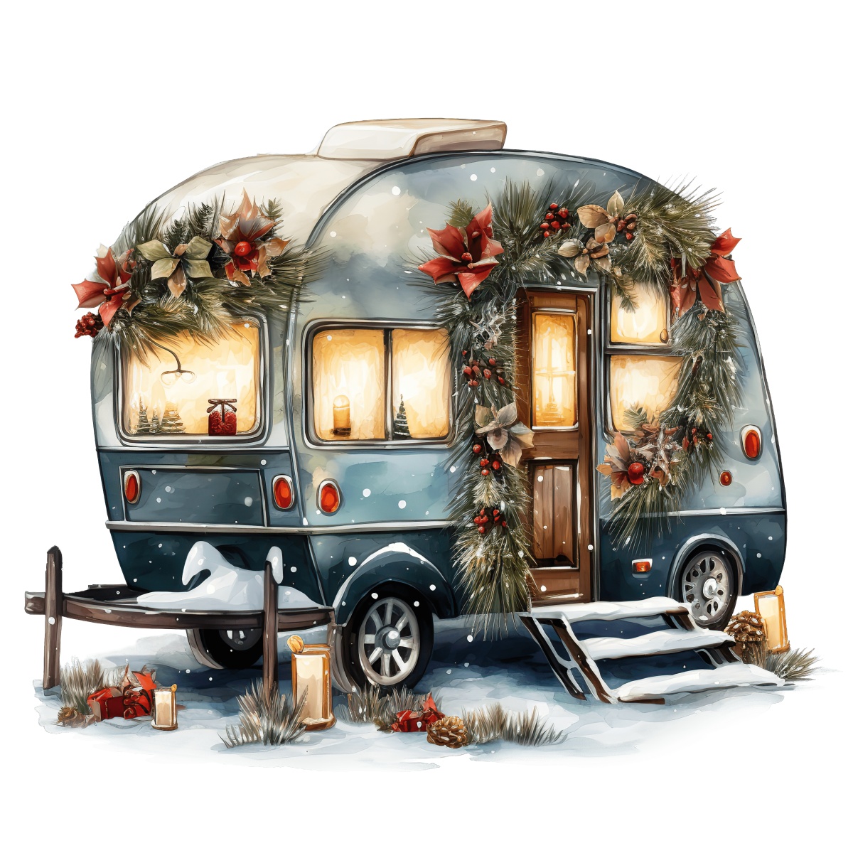 Vintage caravan decorated with Christmas lights and wreaths in snowy setting.