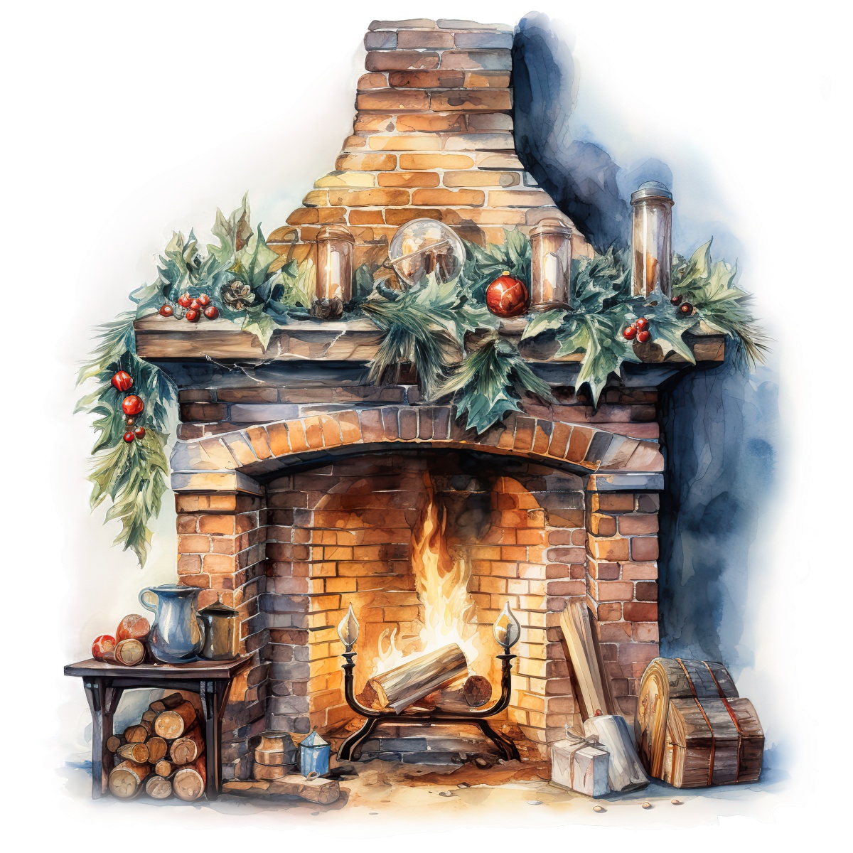 Brick fireplace with Christmas garland and decorations during the festive season.