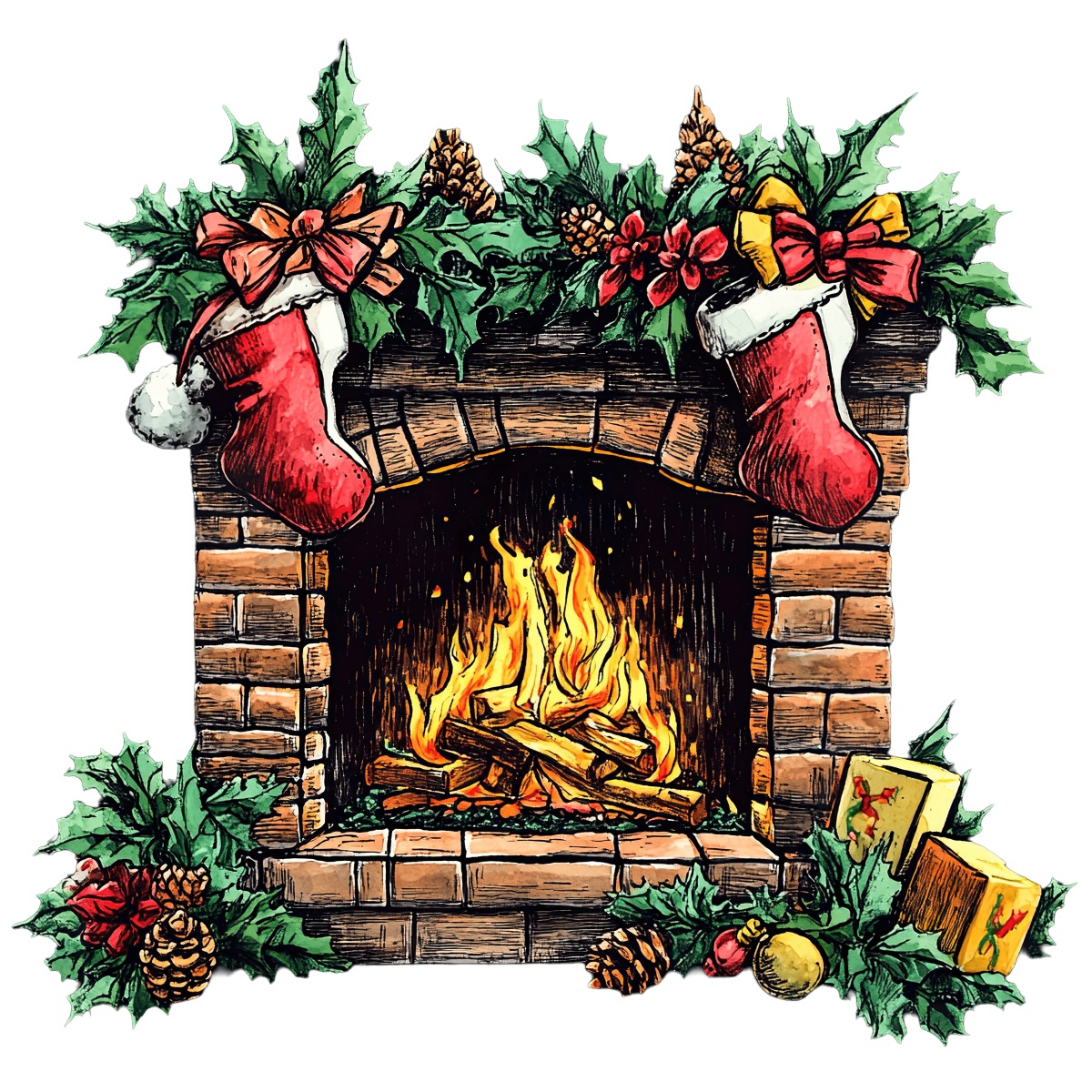 Festive fireplace with burning logs, stockings, and holiday decorations.