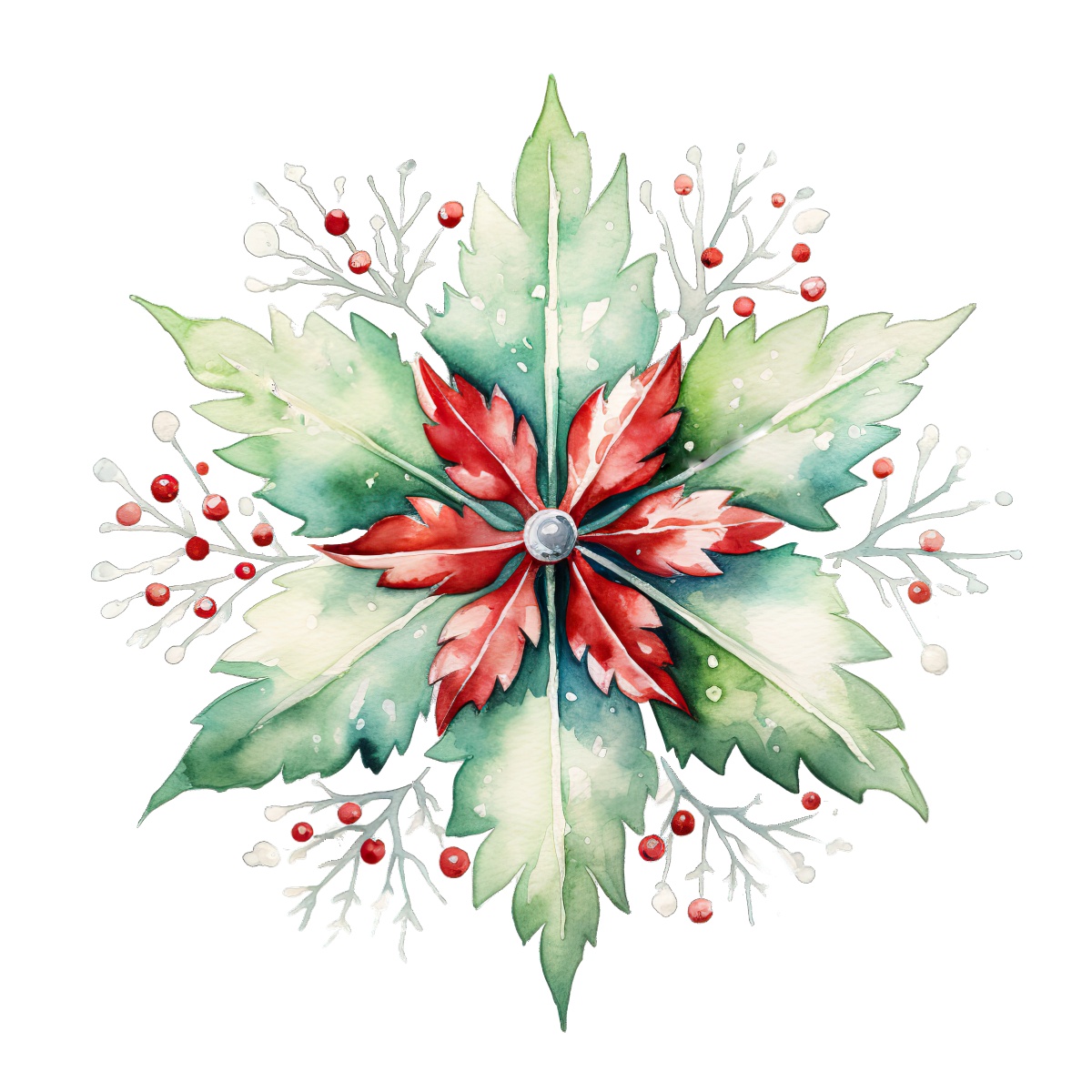 Festive Christmas floral design with green leaves and red accents.