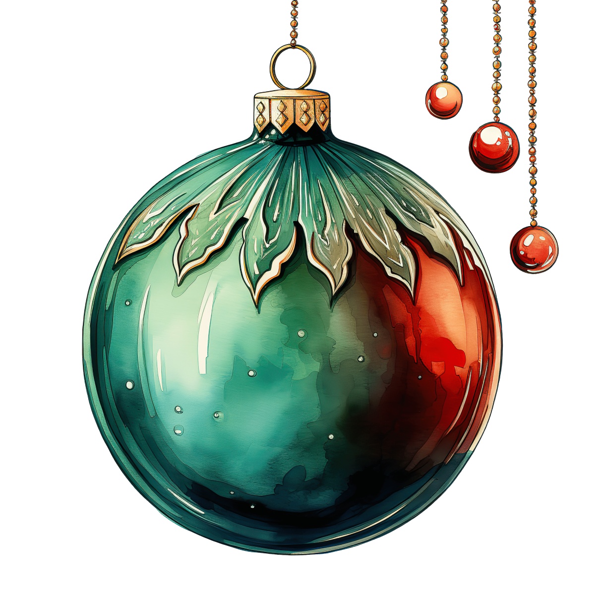 Christmas bauble with red and green design on a black background.