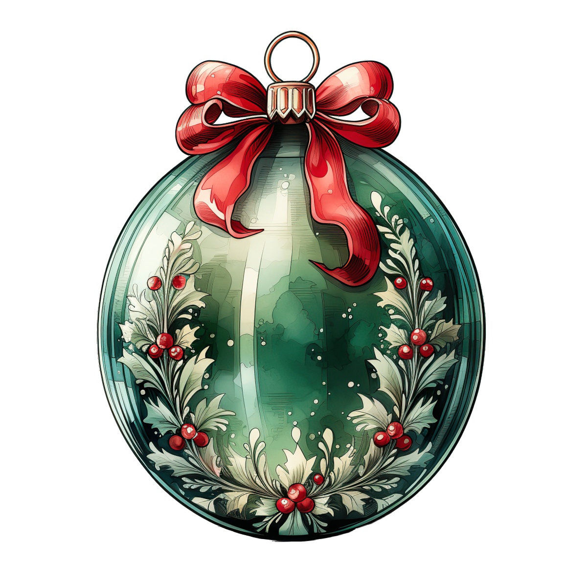 Green Christmas ornament featuring a red bow and holly decorations.