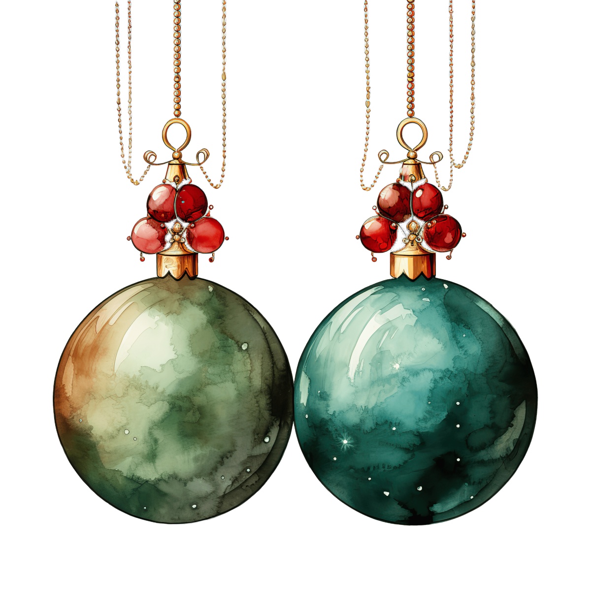 Two festive Christmas ornaments with red beads and decorative gold trim.