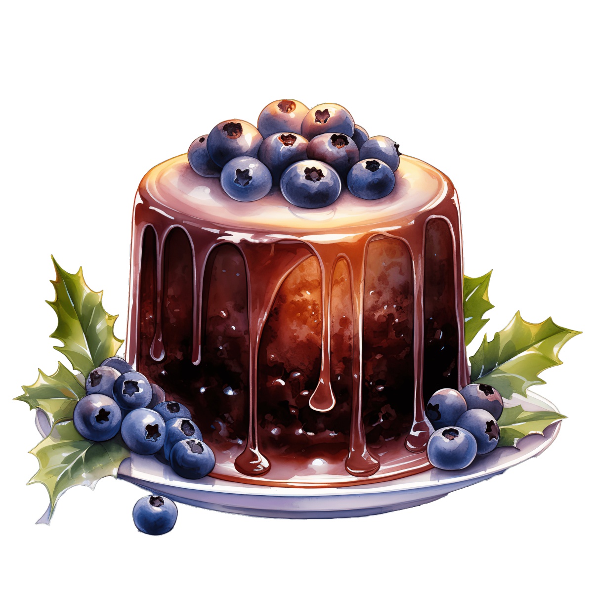 Christmas pudding topped with blueberries and decorated with holly leaves.