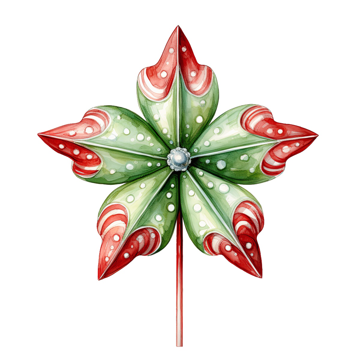Festive star-shaped ornament in red and green with candy cane design elements.