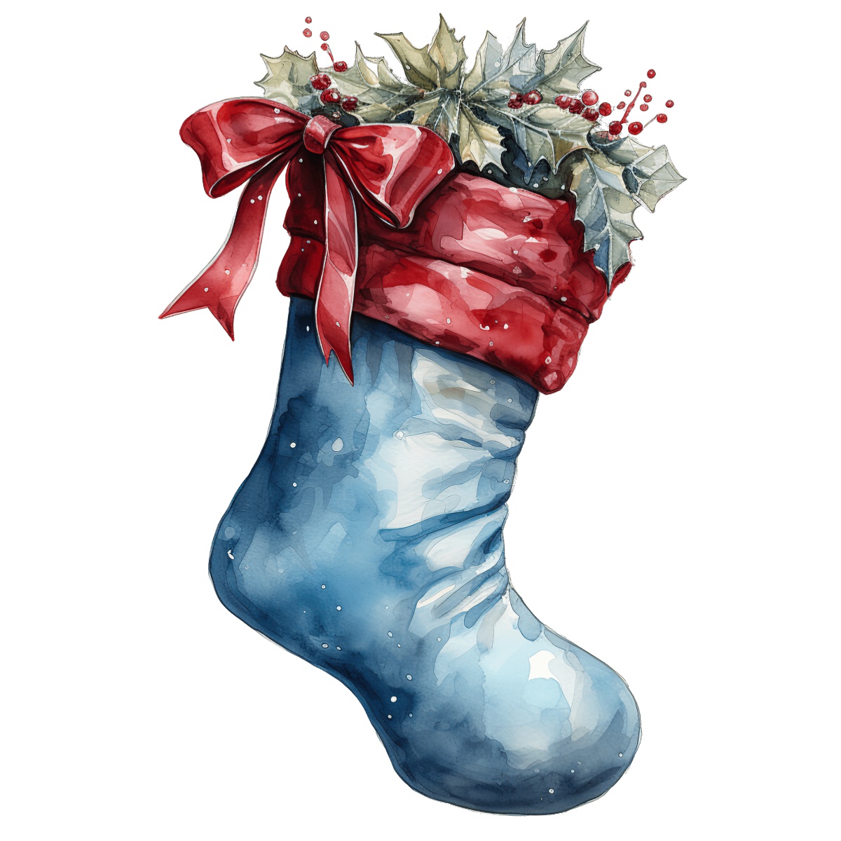 Christmas stocking in blue and red with holly leaves and red ribbon.