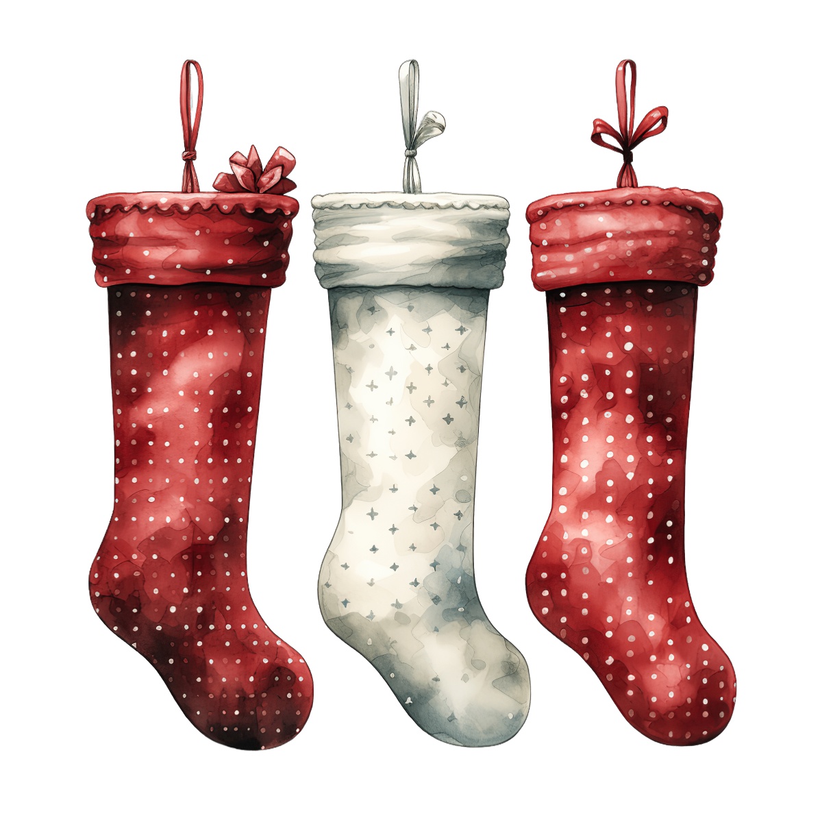 Three festive Christmas stockings in red and white with decorative patterns.