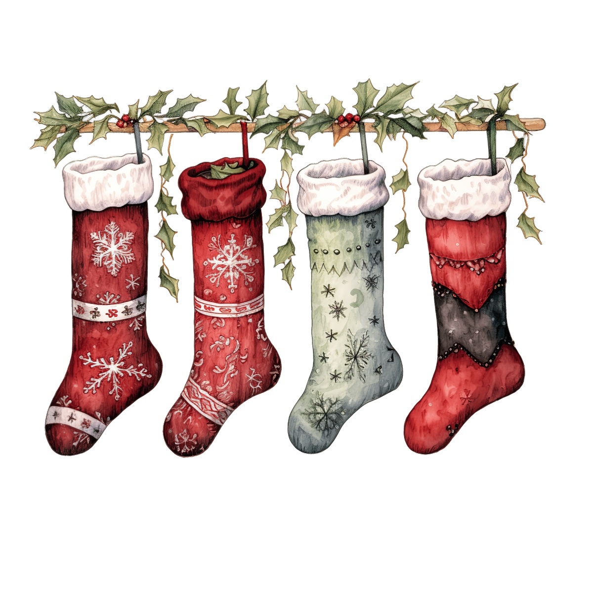 Four colorful Christmas stockings with snowflake patterns and holly leaves.