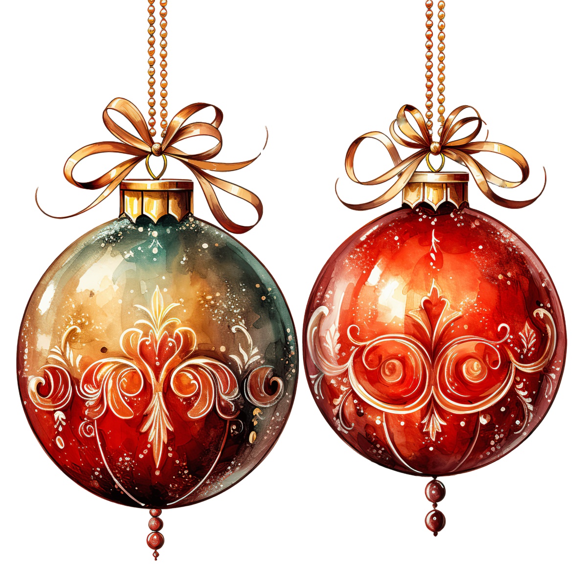 Two ornate Christmas ornaments with gold designs and ribbons hanging.