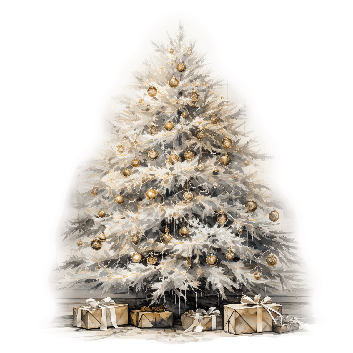 Christmas tree with gold ornaments and gift boxes underneath, festive decoration.