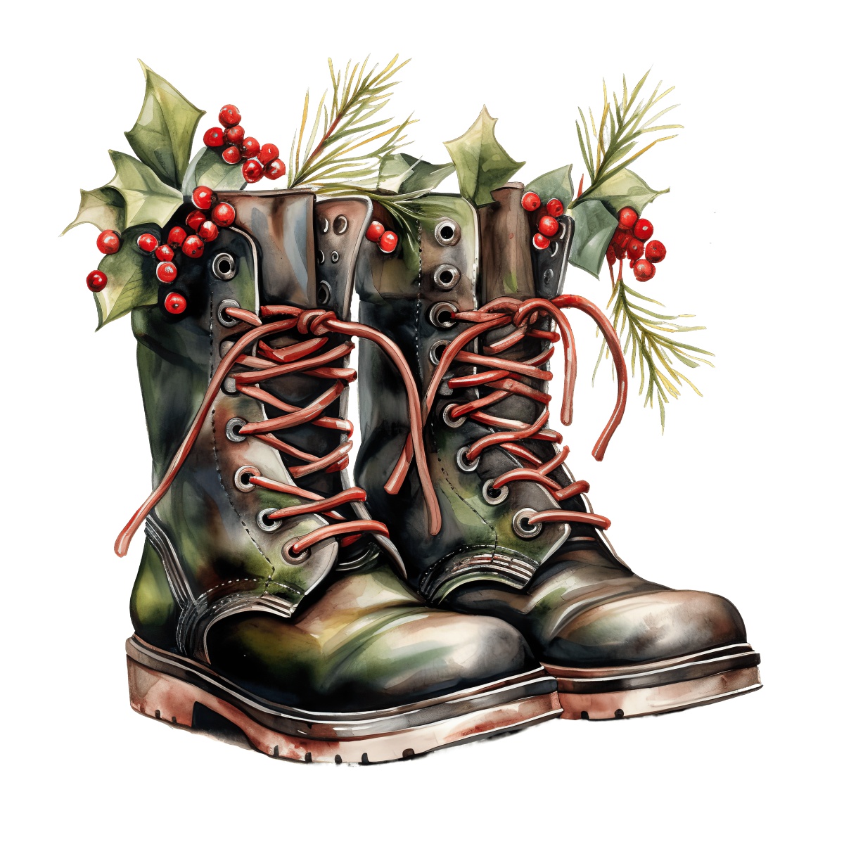 Pair of combat boots adorned with festive holly, berries, and pine branches.